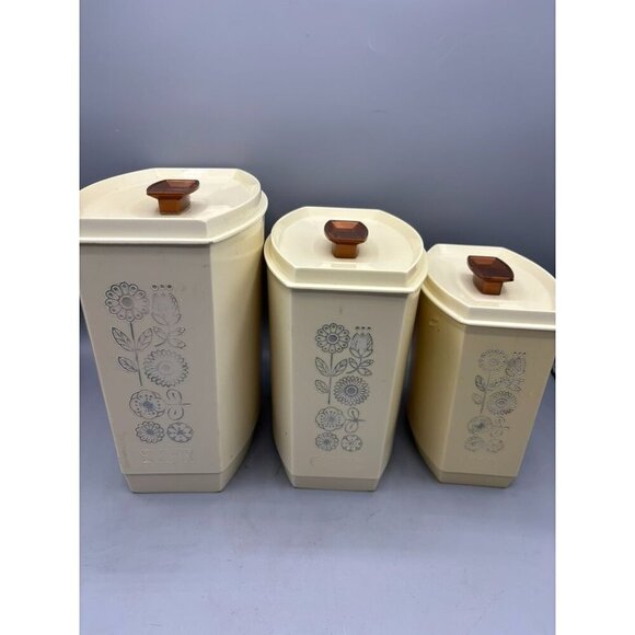 Vintage 1970s Lustroware 3 Pc Canister Set Plastic Floral Beige Nesting - Picture 2 of 11